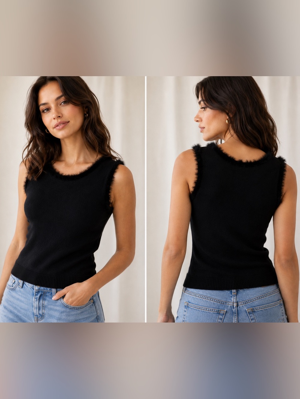 Bette Paige Black Faux Fur Trim Knit Tank Top Small Sleeveless Y2K Minimalist‎